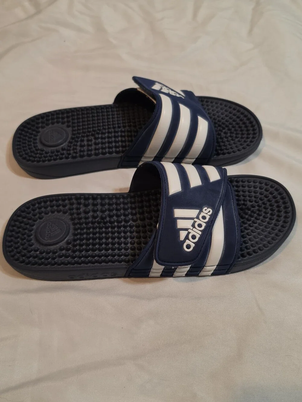 Adidas Adissage Navy Blue And White Velcro Slides Size 8